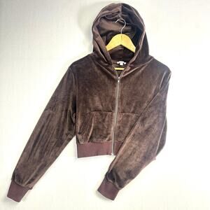 Subdued Velvet Velour Track Crop Hoodie Jacket - Brown 90s Y2K Retro Style